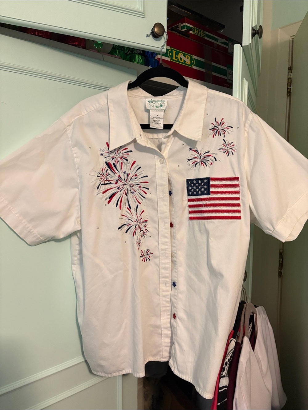 Women’s White button up patriotic Shirt with Embroidered Flag & Fireworks